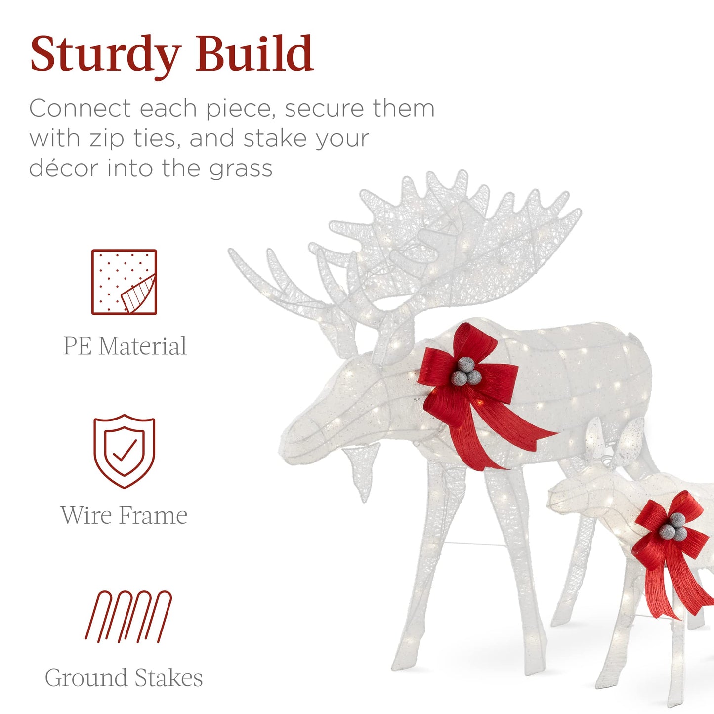 Best Choice Products 2-Piece Moose Family, Lighted Outdoor All-Weather Christmas Yard Decoration Light-Up Décor Set w/ 170 LED Lights, Ground Stakes, Zip Ties - White
