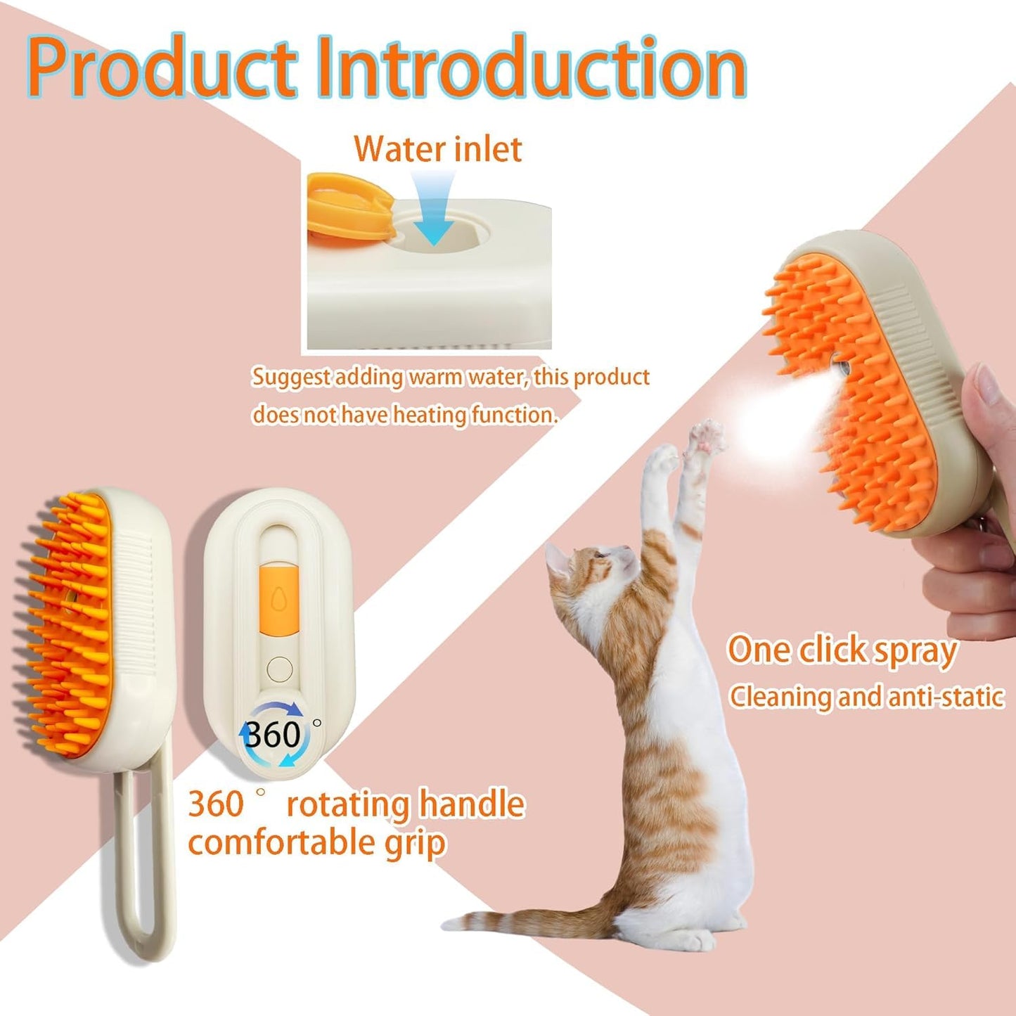 Cat Steam Brush for Shedding Dog Brush with Steam Pet Hair Cleaning Brush Comb for Spray 3 in 1 Pet Grooming for Long & Short Haired Pets – Spritz Defur Comb for cats(orange)