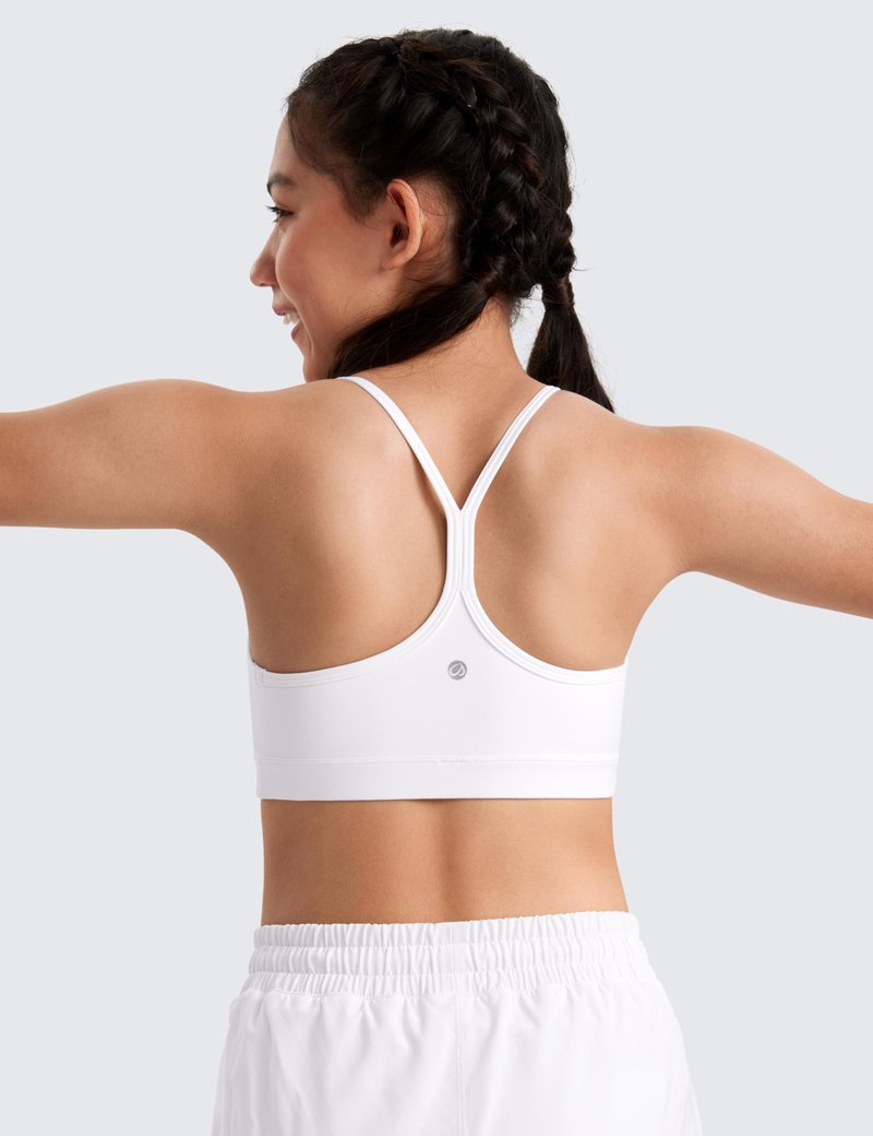 CRZ YOGA Girls Butterluxe Y Back Sports Bra - Yoga Athletic Casual Tops Scoop Neck Spaghetti Strap Padded Crop Kids Teen White Medium