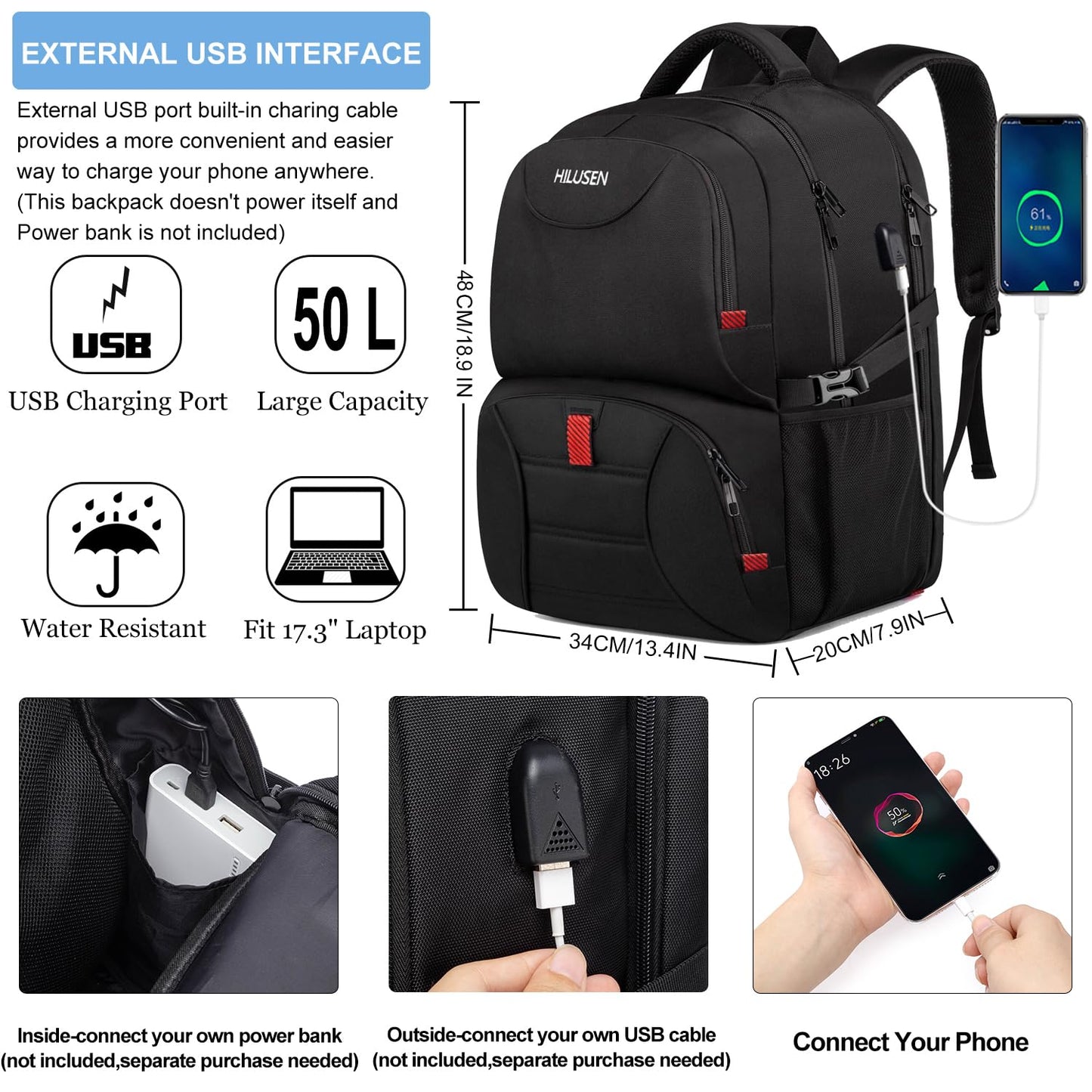 Extra Large Backpack for Men 50L,Lunch Backpack Work Bag Travel Laptop Backpack 17.3 Inch with USB Charging Port,Water Resistant Big Business Computer Rucksack for Men Women College School Black