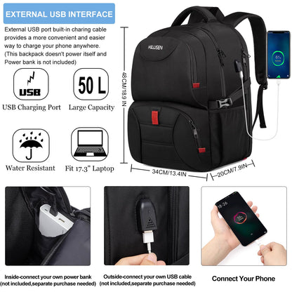 Extra Large Backpack for Men 50L,Lunch Backpack Work Bag Travel Laptop Backpack 17.3 Inch with USB Charging Port,Water Resistant Big Business Computer Rucksack for Men Women College School Black
