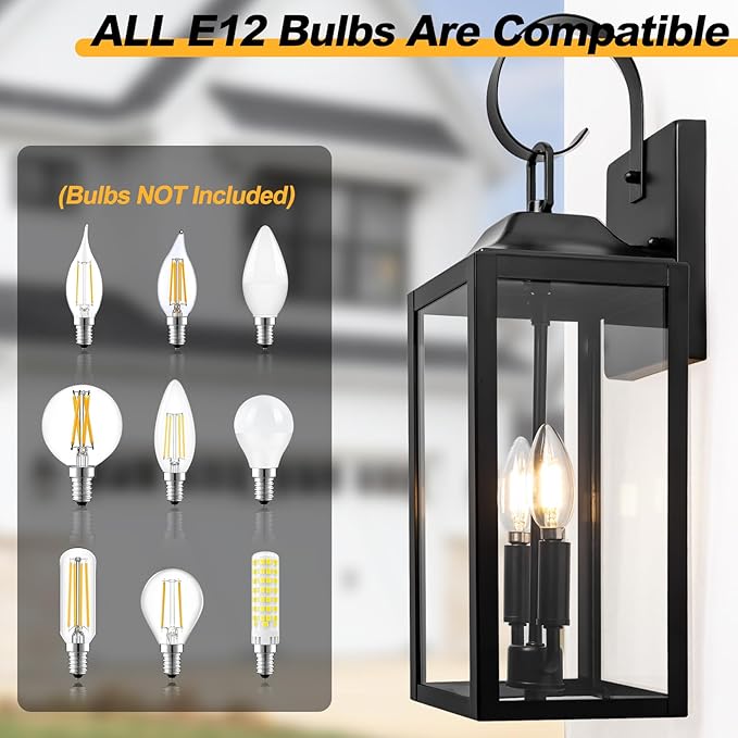 19" Large Outdoor Wall Light - Black Outside Wall Mounted Light Fixture, Exterior Farmhouse Wall Sconce Lantern 2-Light, Modern Porch Lighting Exterior Lamp for House, 2 Pack
