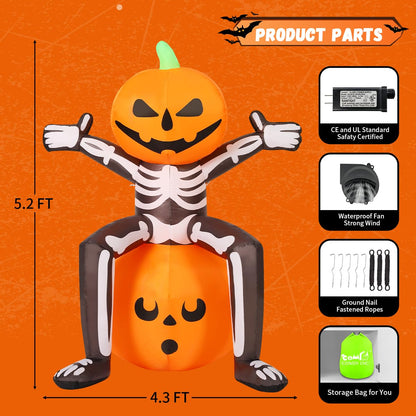 COMIN Halloween Inflatables 5FT Skull Skeleton Pumpkin Head with Built-in LEDs Blow Up Yard Decoration for Holiday Party Indoor, Outdoor, Yard, Garden, Lawn