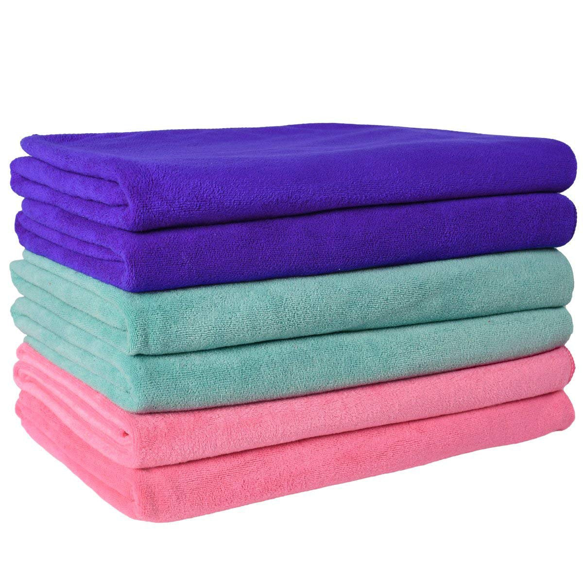 JML Microfiber Towels, Bath Towel Sets (6 Pack, 27" x 55") - Extra Absorbent, Fast Drying, Multipurpose for Bath, Swimming, Fitness, Sports, Yoga, Dark Blue/Green/Pink