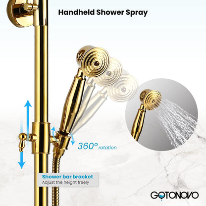 gotonovo Bathroom Shower Faucet Rain Mixer 8 Inch Round Shower Head Double Cross Handle with Tub Spout Wall Mount Bathroom Shower Fixtures 3 Function Metal Handheld Sprayer Polished Gold