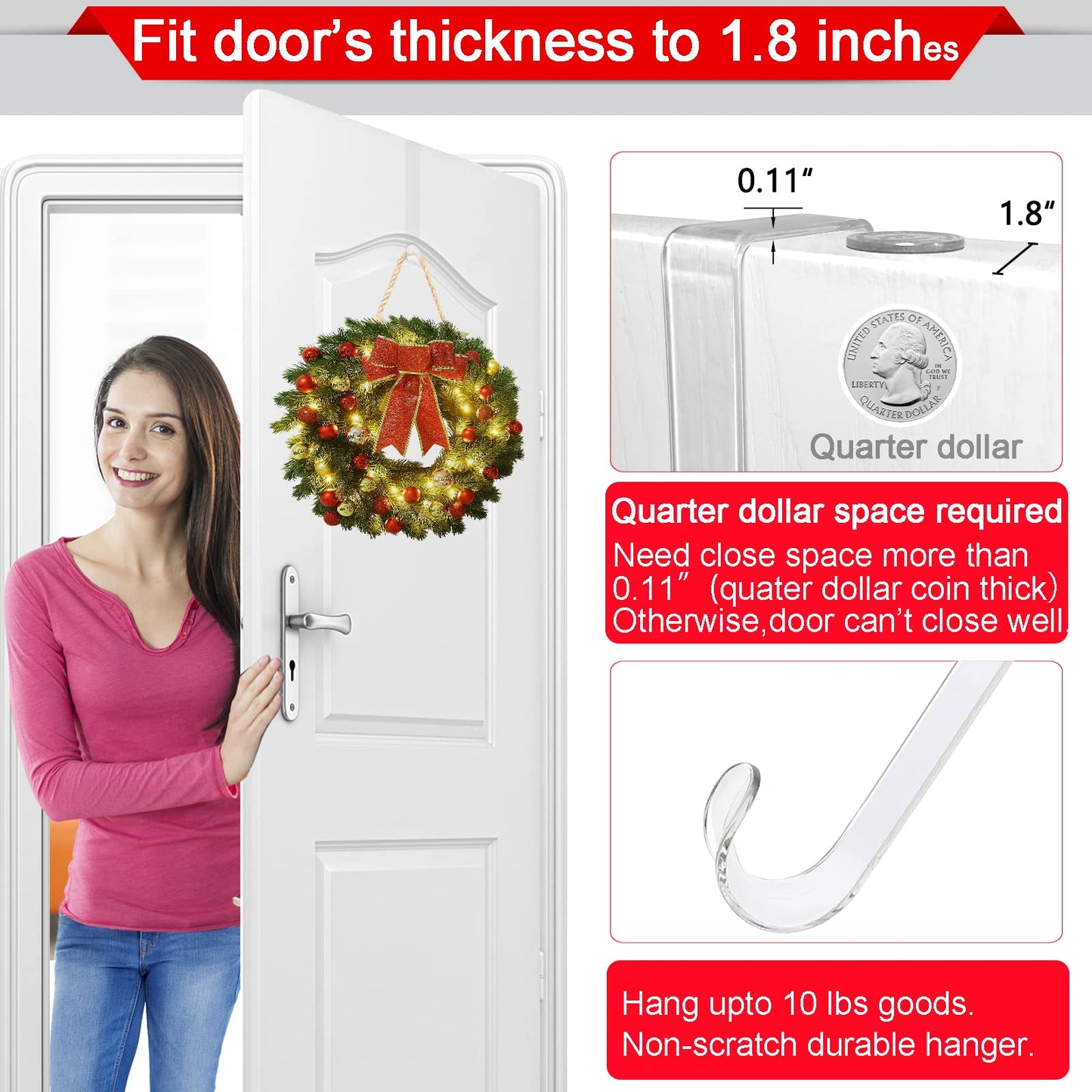 GREAZONE 12" Clear Wreath Hangers, 2 Pack Non Scratch Over The Door Hooks, Welcome Sign for Front Door Decor