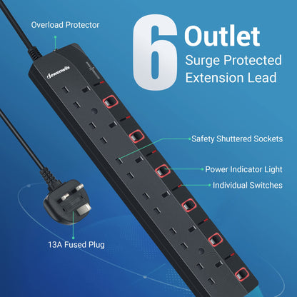 DEWENWILS 6 Way Surge Protected Extension Lead with Individual Switches and Indicator Lights, Extension Cable 3M, 13Amp 6Gang Power Strip Lead, Black