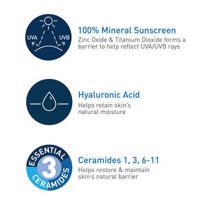CeraVe 100% Mineral Sunscreen SPF 30 with Zinc Oxide & Titanium Dioxide, Hyaluronic Acid & Ceramides, Oil Free, Non-Greasy, Hydrating Mineral Sunscreen For Body, 5 oz