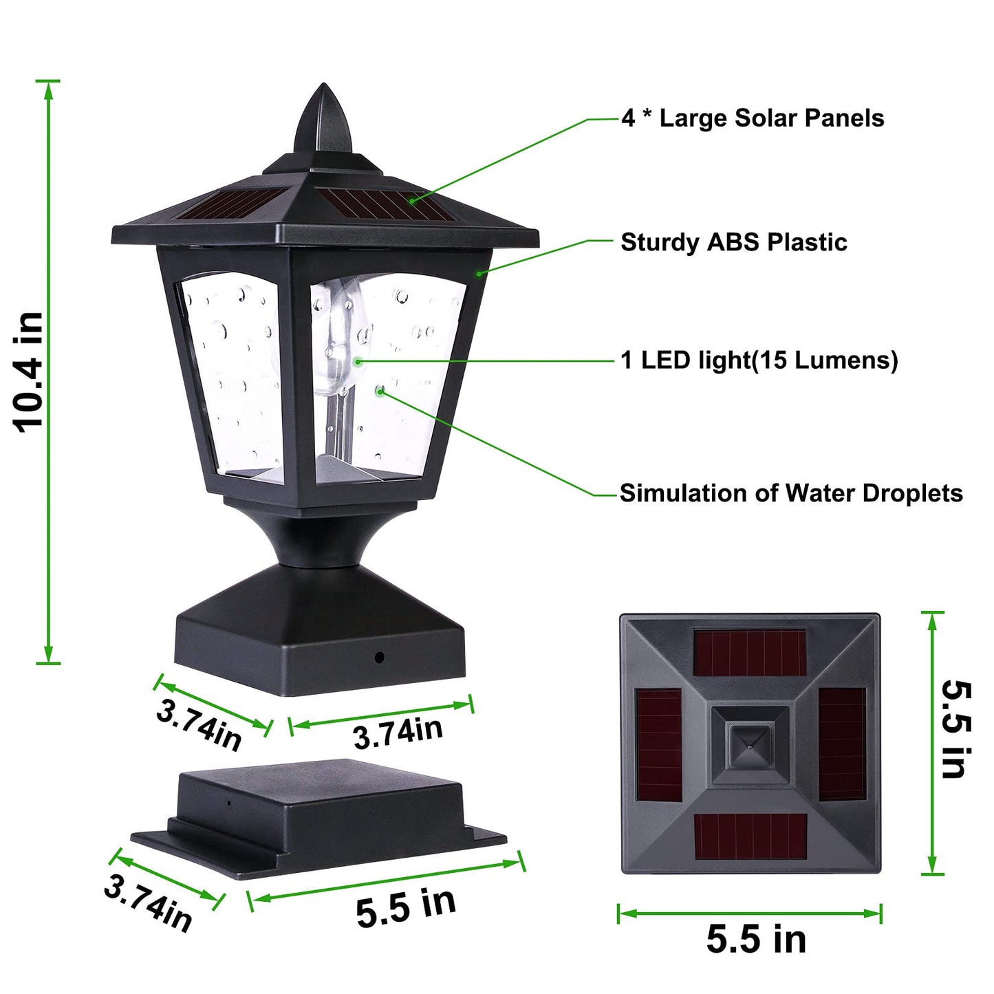 Melunar Solar Post Lights Outdoor, Solar Lamp Post Cap Lights, Waterproof Fence Post Solar Lights for Wood Fence Deck Patio Garden Outside Decorative, Fit on 4x4 Wood Posts, 15 Lumens, Black (2 Pack)