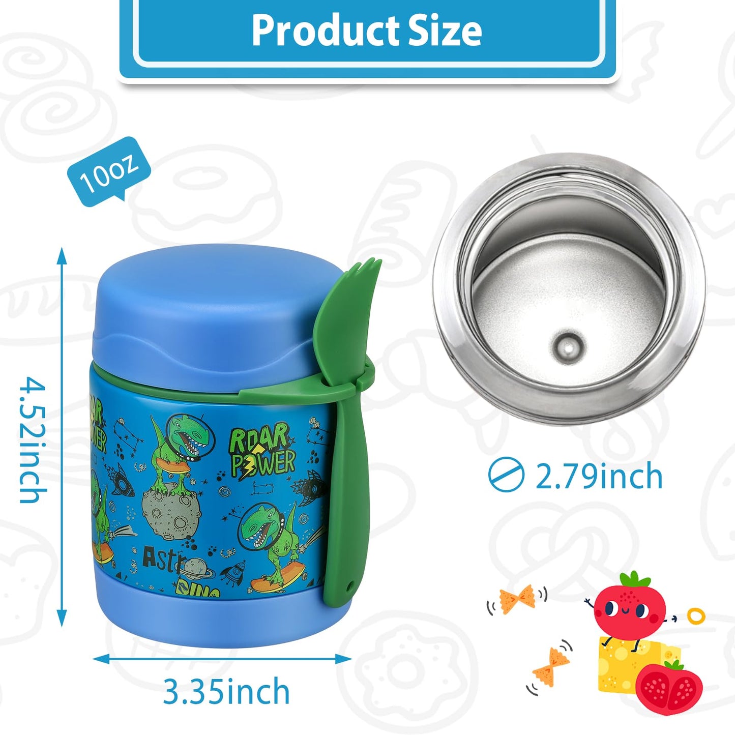 10oz Soup Thermo for Hot Food Kids,Lunch Thermo Kids Food Jar with Spoon Hot Insulated Food Containers,Leak Proof Stainless Steel Wide Mouth Lunch Food Thermo Jar for School(Blue-Dinosaur)