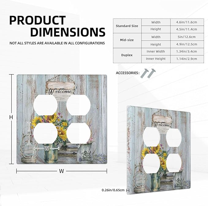 Decorative Light Switch Cover Plate Country Flower Vintage Wood Board Sunflower Butterfly 2 Gang Socket Covers Double Duplex Wallplates Switch Plates and Outlet Covers for Bathroom Home Decor