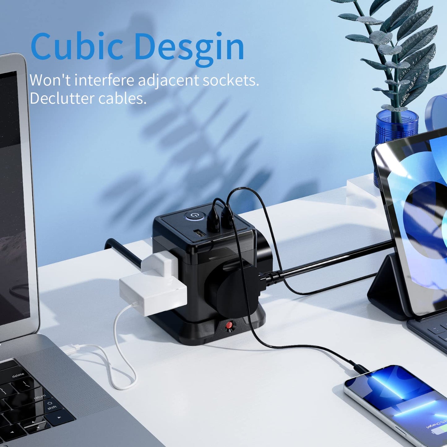 Cube Extension Lead with 3 USB Slots 13A 3250W Hulker 4 Gang Plug Socket with Switch 4 Way Power Strip with 3 USB Port 1.5M Extension Cord Black for Home Dorm Office Travel
