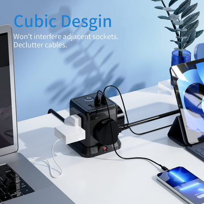 Cube Extension Lead with 3 USB Slots 13A 3250W Hulker 4 Gang Plug Socket with Switch 4 Way Power Strip with 3 USB Port 1.5M Extension Cord Black for Home Dorm Office Travel