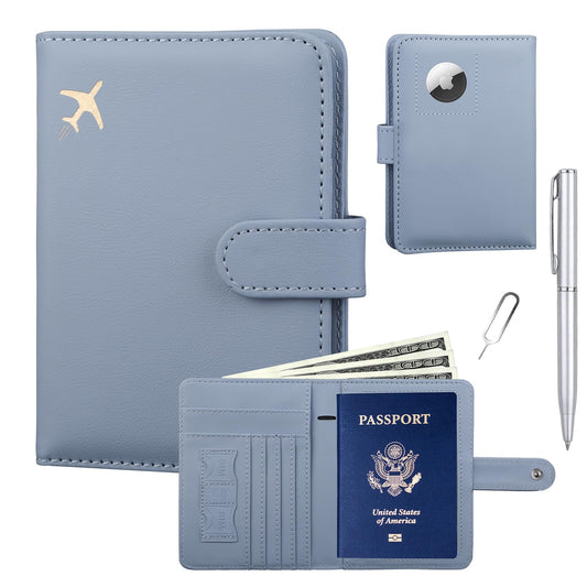 GOAUS Passport Holder for Travel with Airtag Card Slots, Money Pocket, Women Men RFID Blocking Wallet Book Case Blue