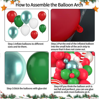 Christmas Balloon Garland Arch Kit, Christmas Balloon Arch with Metallic Green Red White Latex Balloons Snowflake Santa Foil Balloons Candy Cane for Xmas New Year Party Decoration