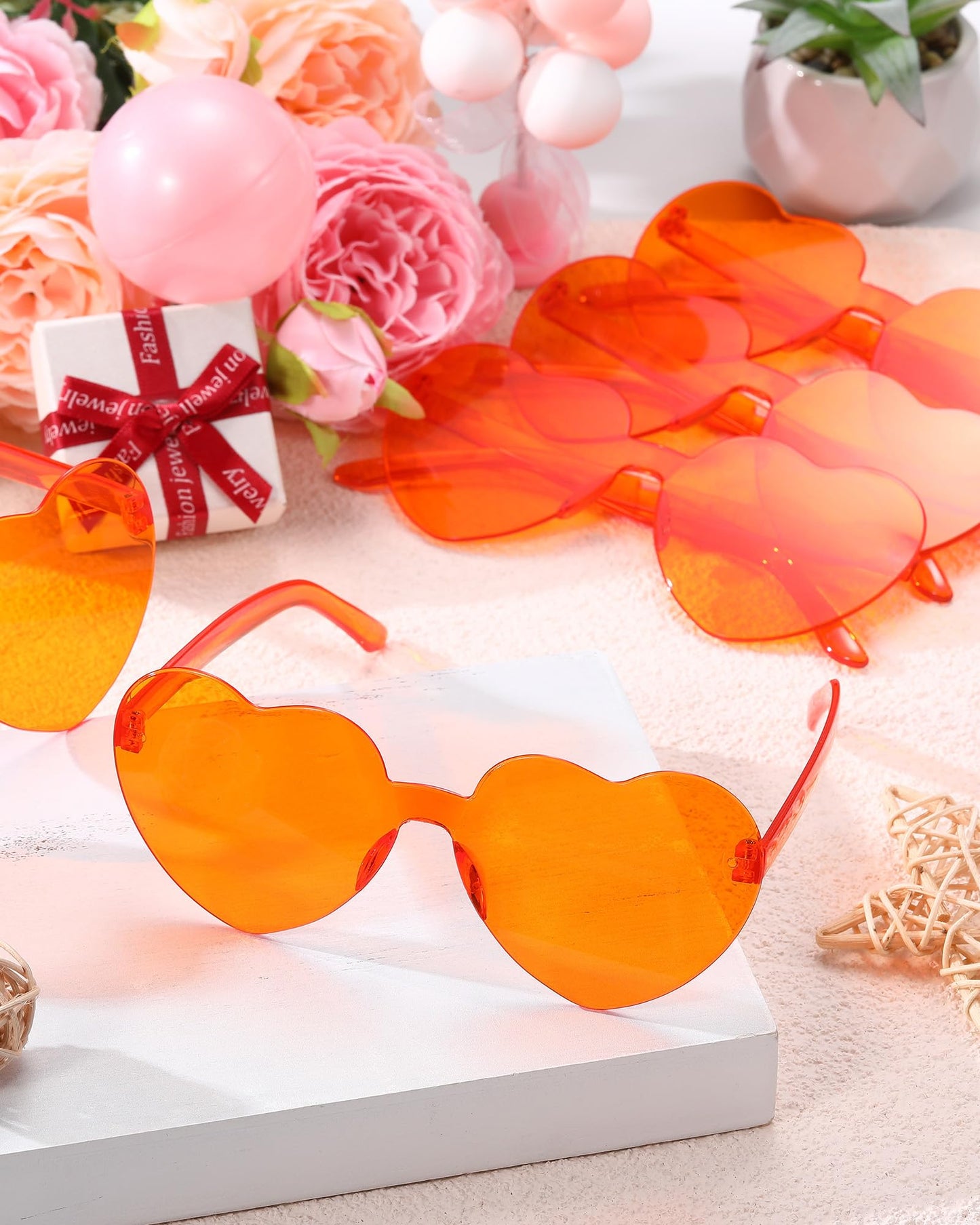 Flutesan 30 Pairs Heart Shaped Sunglasses Bulk Spider Halloween Party Rimless Heart Sunglasses Candy Color for Women Men(Orange Color)