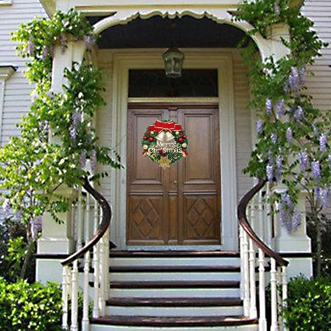 H&W Large Christmas Wreath (19.69 Inch / 50 cm) for Front Door Wall Windows Artificial Poinsettia Xmas Decoration with Tinkle Bell Bowknot and Small Ornaments (MC7-D1)