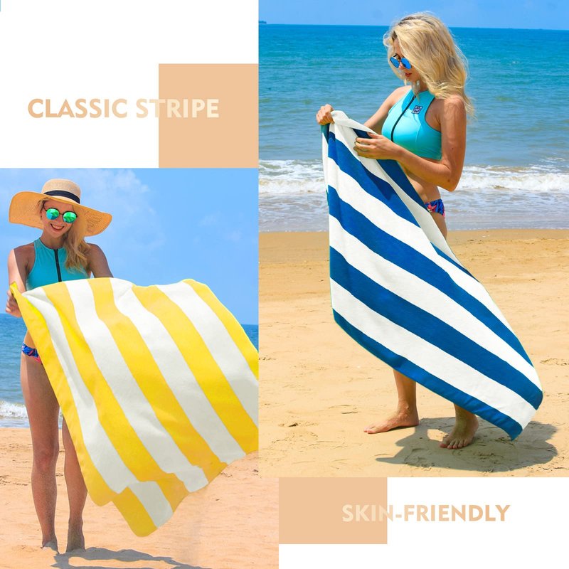 Exclusivo Mezcla 2 Pack Cotton Oversized 35x70 Inches Cabana Stripe Beach Towels, Super Absorbent Soft Plush Pool Bath Towel (Ocean Blue)
