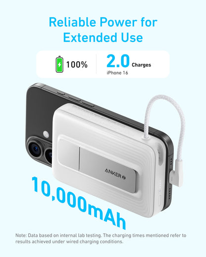 Anker Zolo Magnetic Power Bank, 10,000mAh Wireless Portable Charger with 30W Max Fast Charging, Battery Pack with Built-in USB-C Cable and Adjustable Stand, for iPhone 16/15 Series, AirPods, and More