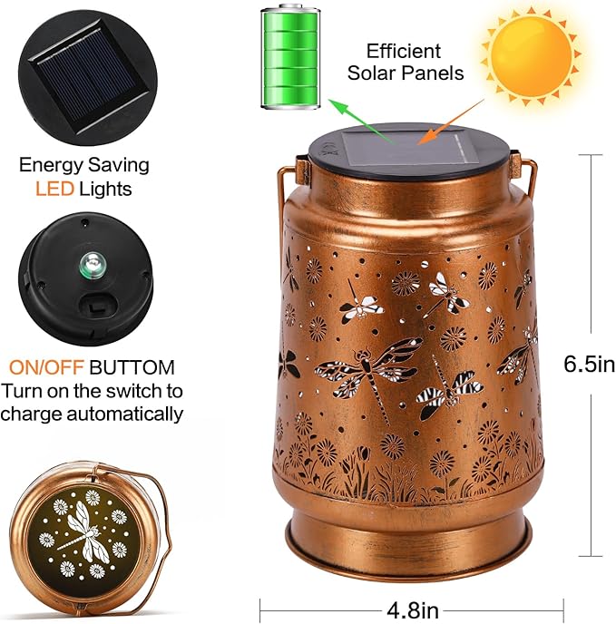 2 Pack Dragonfly Solar Lanterns Outdoor Waterproof Rose Garden Decor Gifts for Women Mom Grandma Hanging Solar Lights Metal Lantern Decoration Outside for Yard,Patio,Backyard,Porch