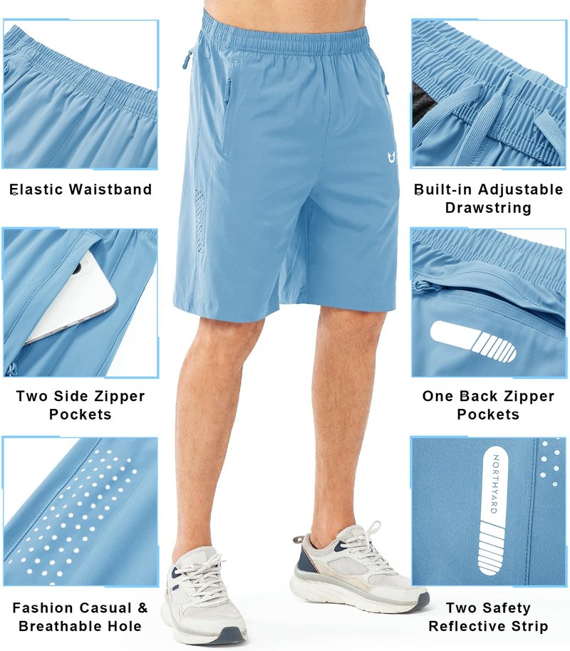 NORTHYARD Men's Athletic Running Shorts Gym Workout 7"/9"/5" Quick Dry Lightweight Sports Basketball Tennis 3 Zipper Pockets SKYBLUE-9inch XL