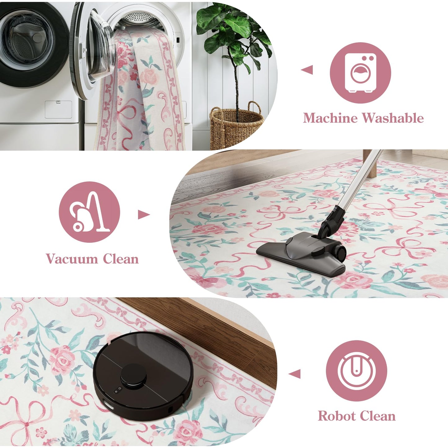 Collive 3x5 Nursery Rug, Boho Pink Floral Area Rugs Machine Washable, Soft Ultra-Thin Bow Carpet Non Slip for Girls Room Bedroom Entryway Playroom Living Room (Pink, 3' X 5')