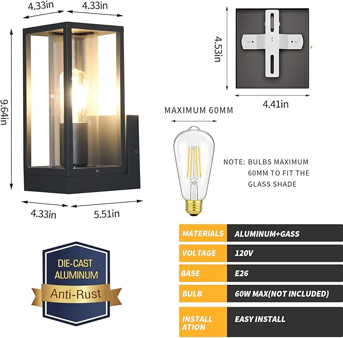 Outdoor Light Fixture Wall Sconce, Anti-Rust Porch Lights, Aluminum Exterior Lighting fixtures, Waterproof Wall Sconce Lantern Lamp,Patio, Garage, Doorway, Entryway