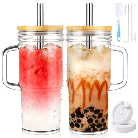 Birity 24oz Glass Cups with Lids and Straws,Glass Tumbler with Handle,2 set–Reusable Glass Ice Coffee Cups with Lid and Straw for Smoothies,Tea,Juice,Boba Cup for Cold & Hot Drinks,Travel Cup