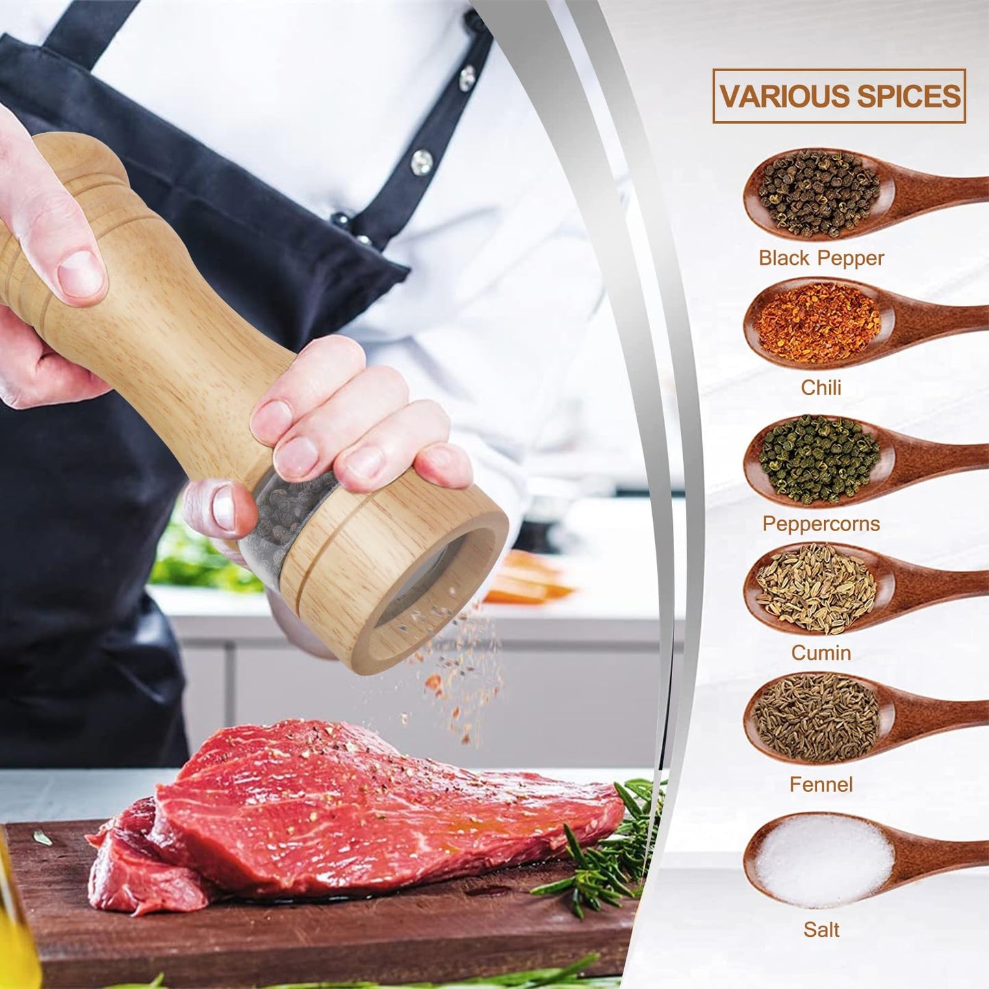 Salt and Pepper Grinder Set of 2, Wooden Salt and Pepper Mill with Adjustable Coarseness Ceramic Rotor & Acrylic Window, Manual Spice Grinders Refillable Salt Shaker for Sea Salt/Chili/Sesame,6.5 Inch