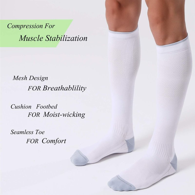 FITRELL 3 Pairs Compression Socks for Women and Men 20-30mmHg- Circulation and Muscle Support Socks for Travel, Running, Nurse, Knee High, Medical WHITE L/XL