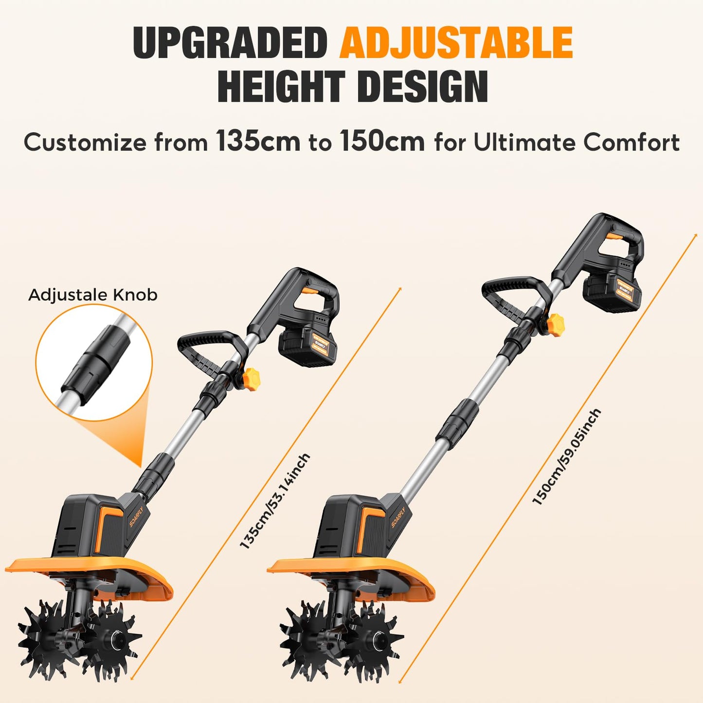 SOARFLY Upgraded Cordless Tiller for Gardening with Dual 2.0Ah Batteries, 48 Steel Tines Battery Rototiller, 9" Width 6.6" Depth Garden Tiller Cultivator for Soil, Tending & Composting (Orange)