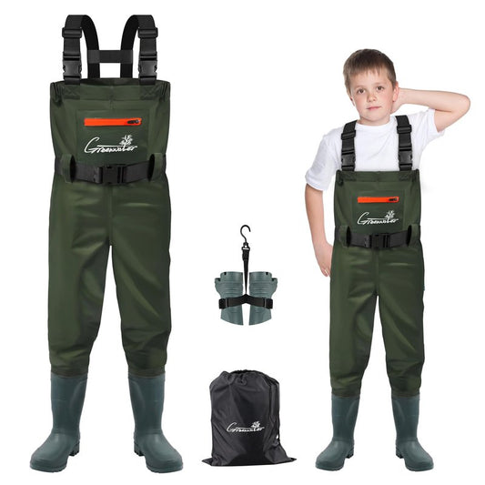 GREENWATER Kids Chest Waders Youth Fishing Waders with Boots Waterproof for Children Boys Girls Hanger & Bag Included (GREEN, 6-7Y)