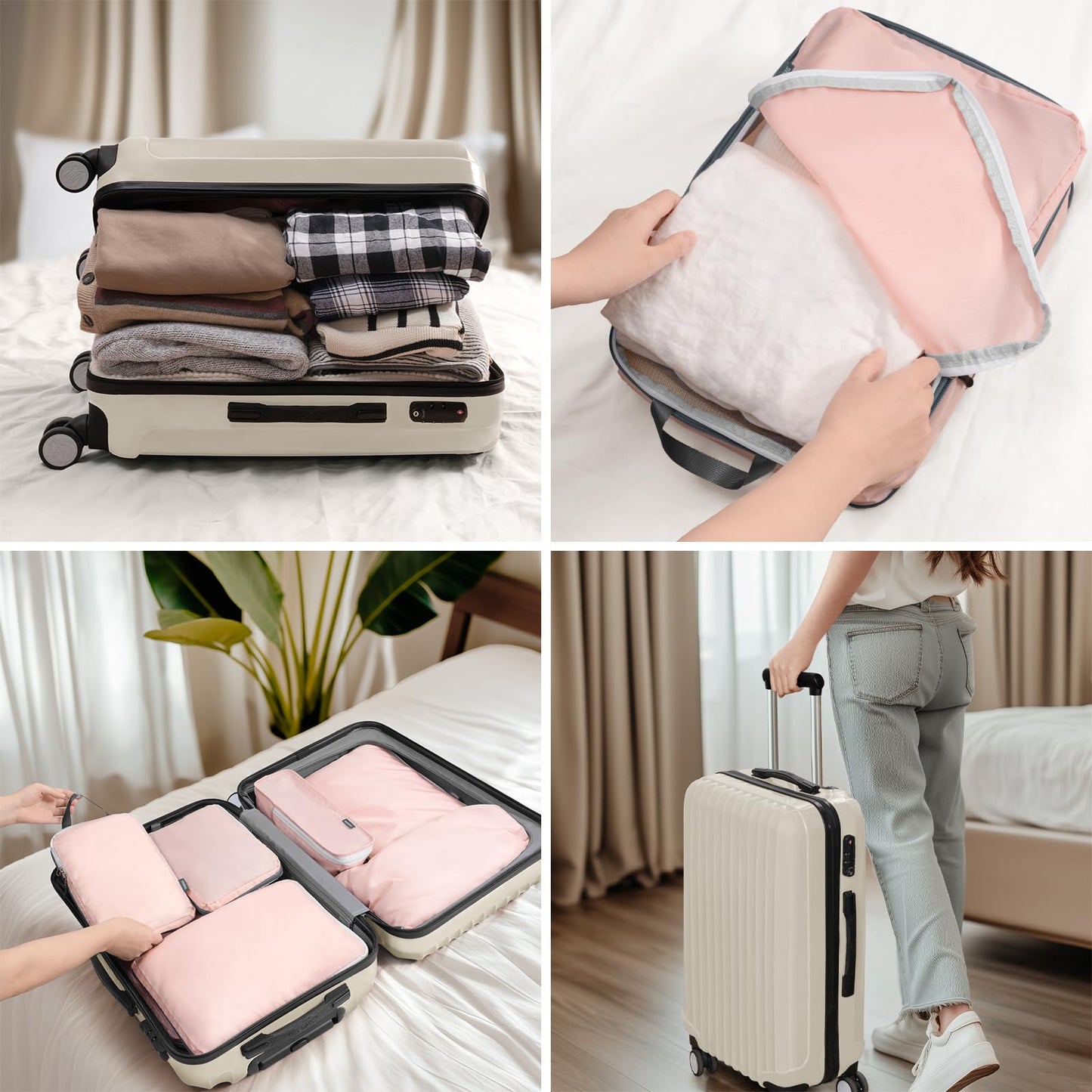 CherryNow Compression Packing Cubes, 7 Set Packing Cubes for Travel Women, Travel Essentials for Suitcase, Luggage Organizer Bags, Pink