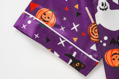 Vopmocld Satin Pajama Sets Unisex Boys and Girls Silk Button Down Short Sleeve & Shorts & Pants Sleepwear 3PCS Loungewear PJS, Halloween, 8