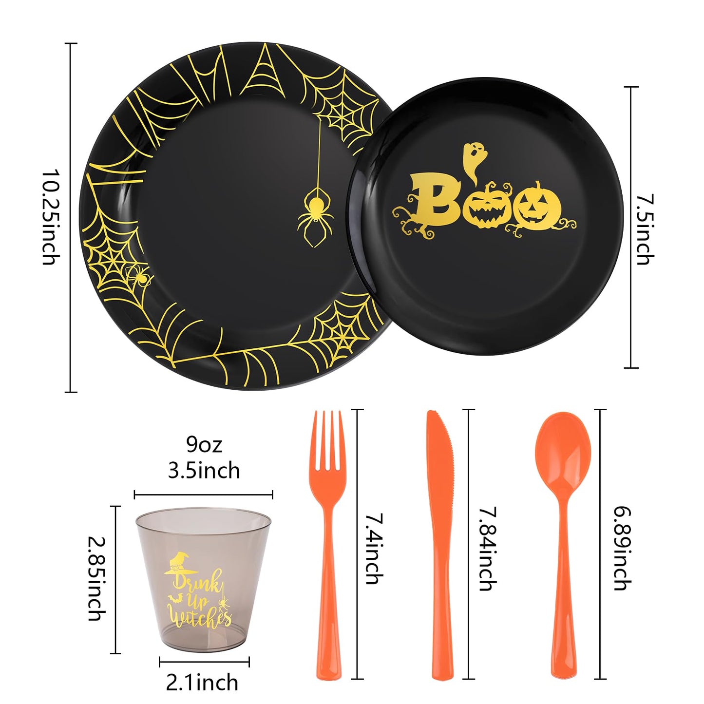 ISFANGCO 150PCS Plastic Spoof Black Dinnerware Set for 25 Guests with Gold Spider Web & Smiley Pumpkin,Heavy Duty Plastic Orange Disposable Cutlery,Gold Witch Printed Black Cups