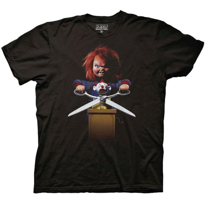 Ripple Junction Chucky Men's Short Sleeve T-Shirt Chucky's Back with Scissors Child's Play Horror Movie Slasher Film L Black