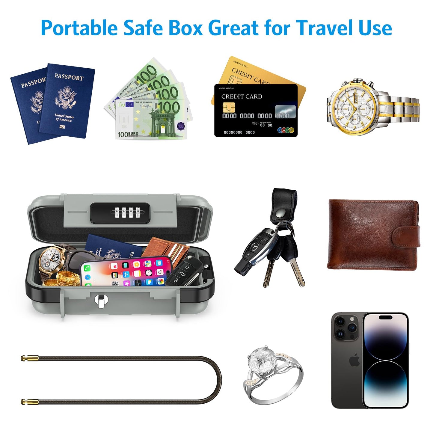 AMIR Portable Safe Box, Combination Security Case LockBox with Code, Waterproof Anti-Theft Mini Travel Safe Box with Removable Chain, Security Box for Home,Office, Grey