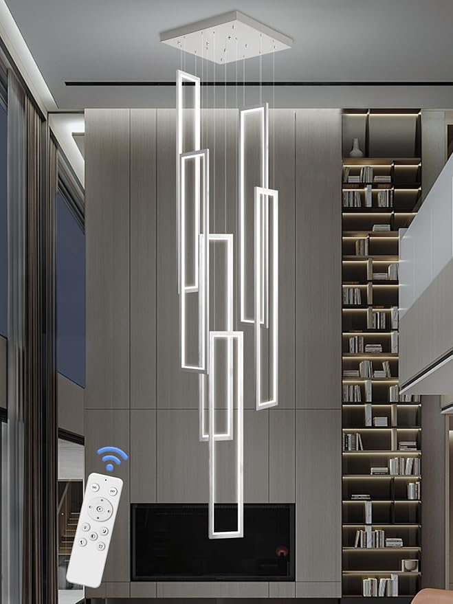 Flashing God Large Modern Chandeliers, Silver with 6 Ring Led Foyer High Ceiling Chandelier for Living Room, Rectangle for Entryway Staircase LED Dimming 2700k-6001k