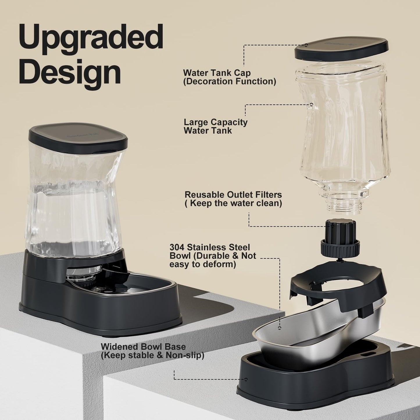 Gardner Pet 3.85L Pet Water Dispenser, Cat Bowls with Stainless Steel Bowl, Gravity Dog Water Dispenser, 100% BPA-Free Automatic Cat Feeder, Feeding Station for Medium & Large-Sized Pets, Dark Grey