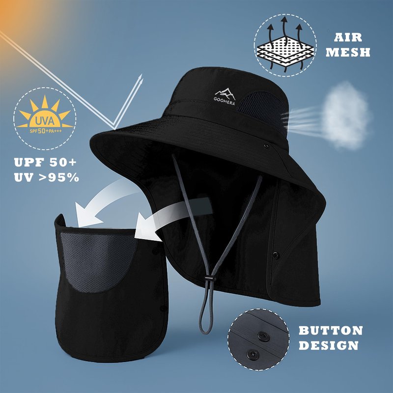GOOHERA Sun Hat for Men & Women, Breathable Wide Brim Outdoor Fishing Hat with Face Cover & Neck Flap
