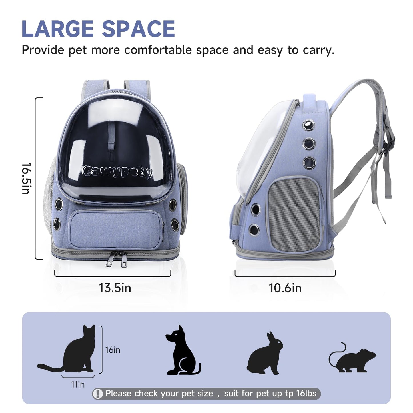 Cawypety Cat Backpack Carrier, Breathable Cat Carrier Large Space Bubble Pet Backpack for Kitty Small Dog up to 12lbs, Transparent & Foldable Pet Carrier for Travel Hiking (Blue