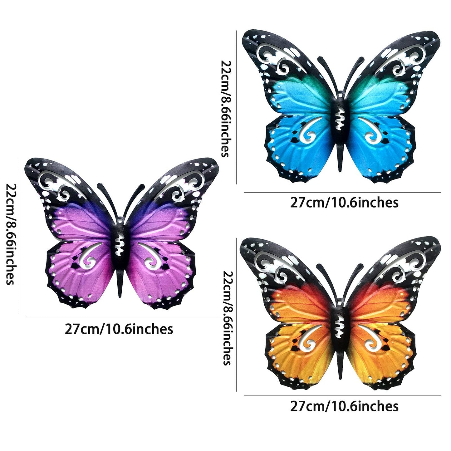 SUNNEKO 3 PCS Large Metal Butterfly Garden Ornaments Outdoor, Metal Wall Art Big Butterfly Decorations for Outside Garden Shed Fences Yard Decorations Wall Hanging