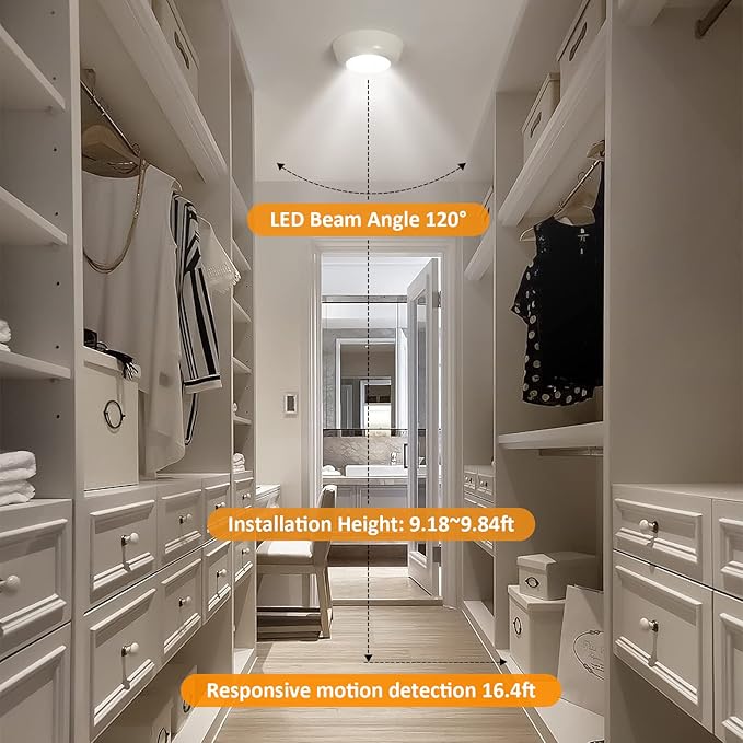 DLLT Battery Powered Motion Sensor Light, Battery Operated LED Ceiling Light with 900LM, Wireless Flush Mount Round Sensor Lighting for Closet Stair Hallway Shower Shed Garage Pantry, (5000K, 3-Pack)