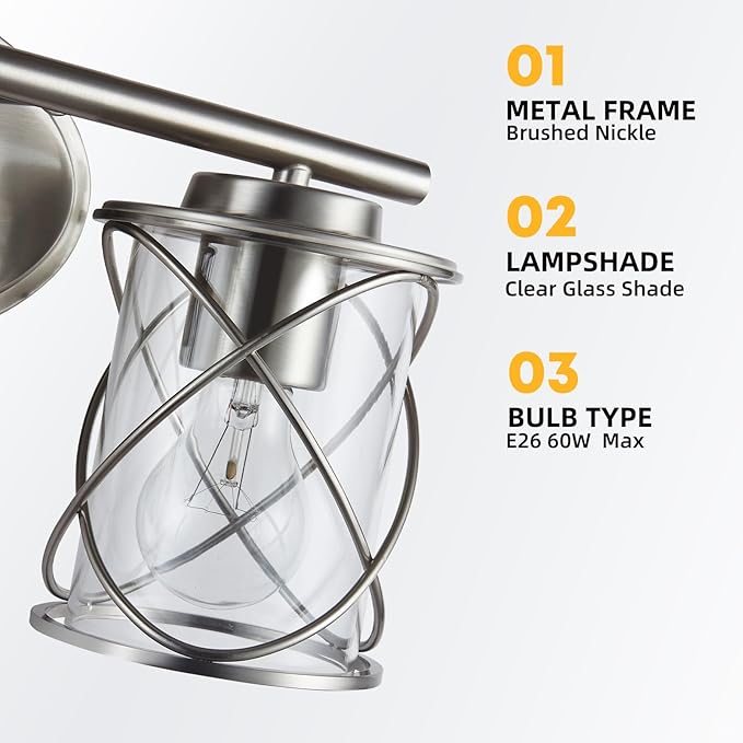 4-Lights Bathroom Light Fixtures, Brushed Nickel Modern Vanity Light Over Mirror, Bathroom Wall Lamp for Mirror Kitchen Living Room Hallway Porch, Farmhouse Wall Lights with Clear Glass Cage Shade