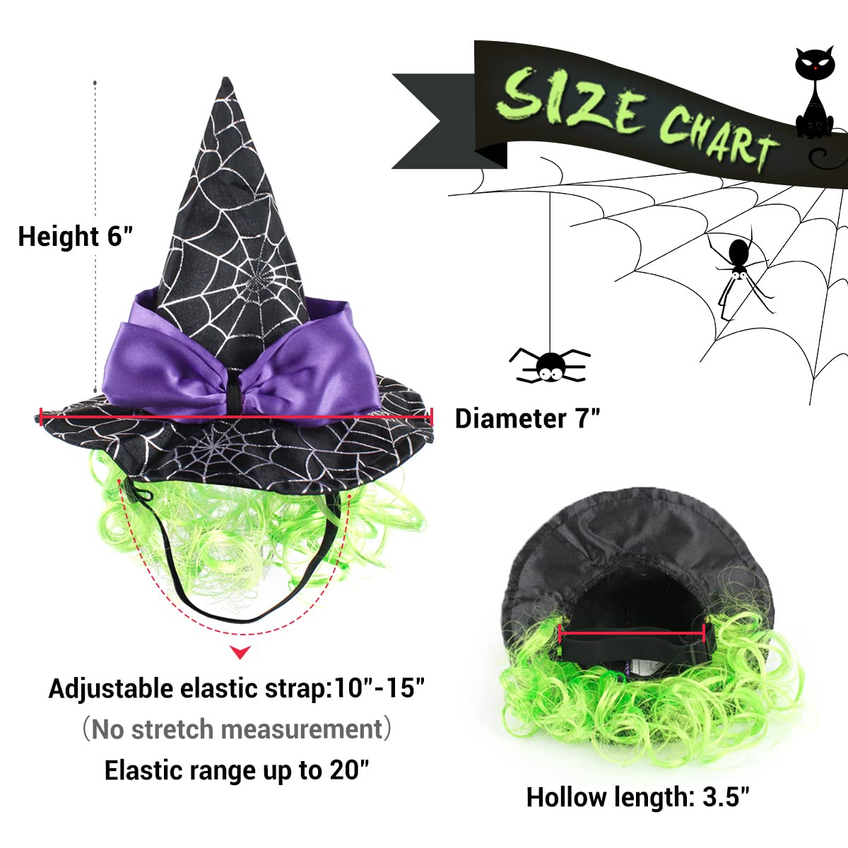 LESYPET Cat Halloween Costume Hat Dog Hat, Wizard Hat with Green Wig for Dog Cat Cosplay for Halloween, Christmas, Party