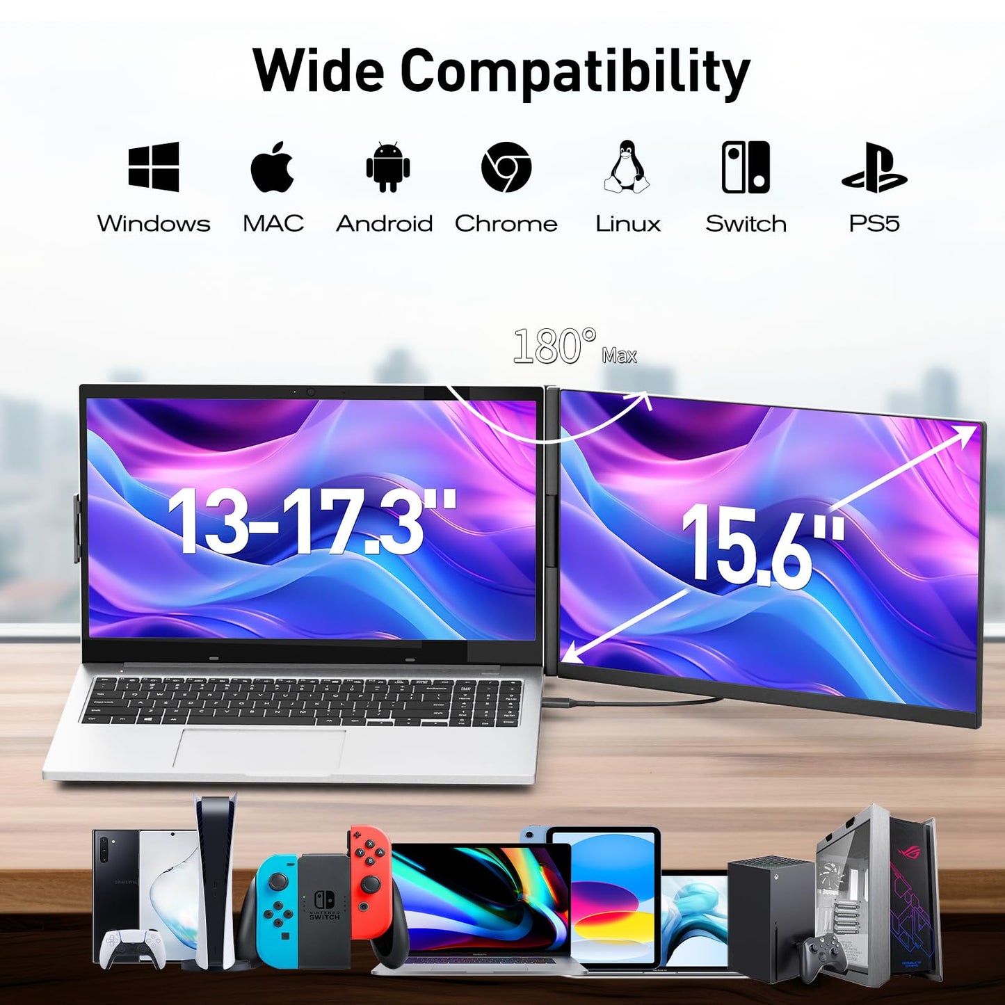 KEFEYA Laptop Screen Extender, 14.2" Portable Triple Monitor for Laptop with Full HD IPS Display, Monitor Extender Compatible with Mac, Windows, Chrome, Fits 13-17 Inch Laptops
