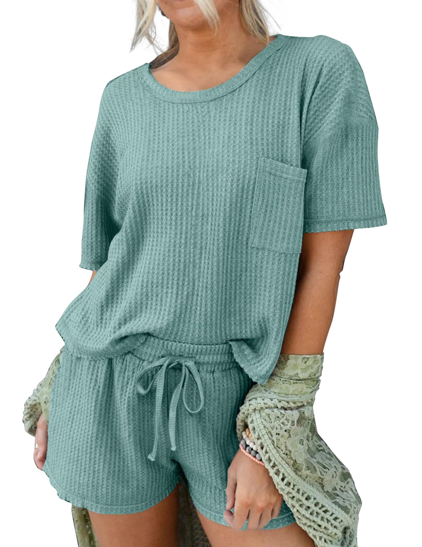 Andeip Lounge Wear Set Outfits for Women Pajama Set Waffle Weave,Green,XL