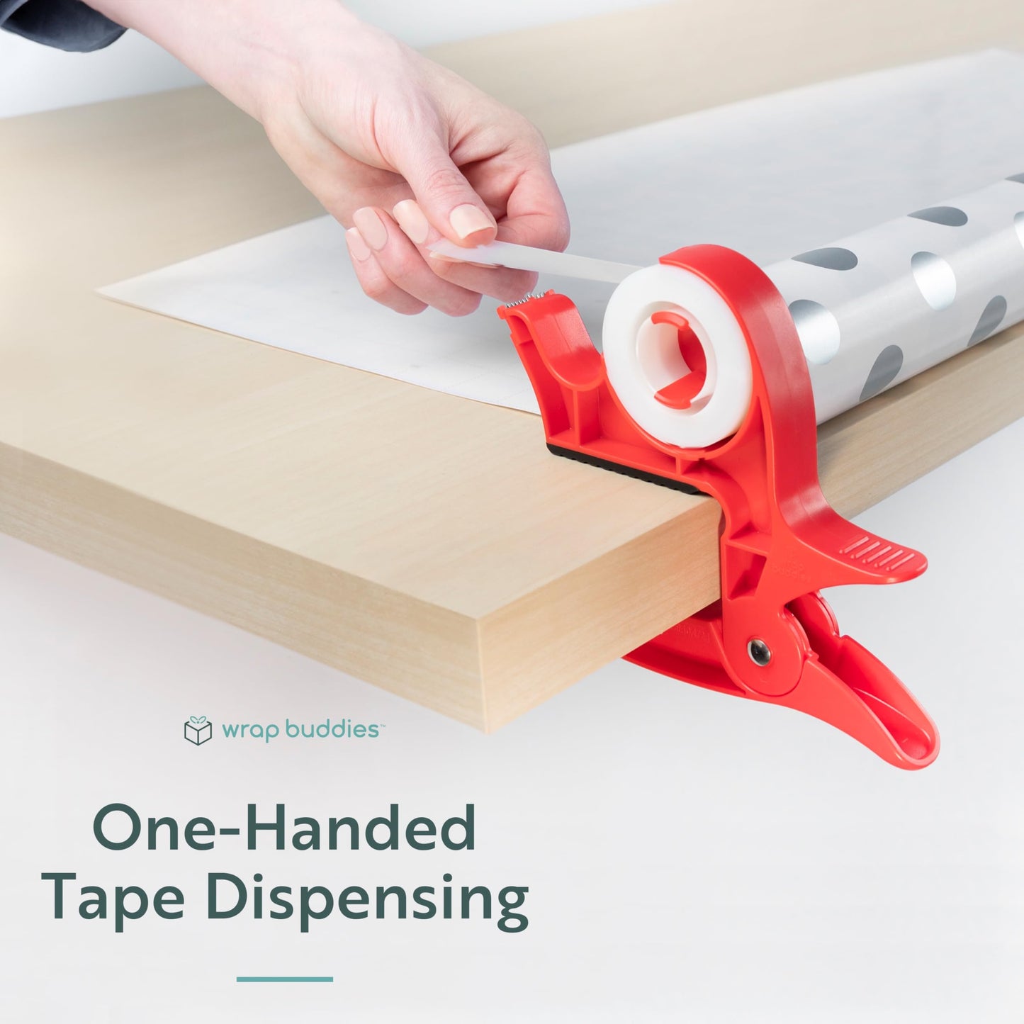Wrap Buddies Tabletop Gift Wrapping Tool with Tape Dispenser – Set of 2 Adjustable Wrapping Paper Table Clamps with Craft Tape Dispenser - Perfect for Holidays and Crafting - Cherry Red