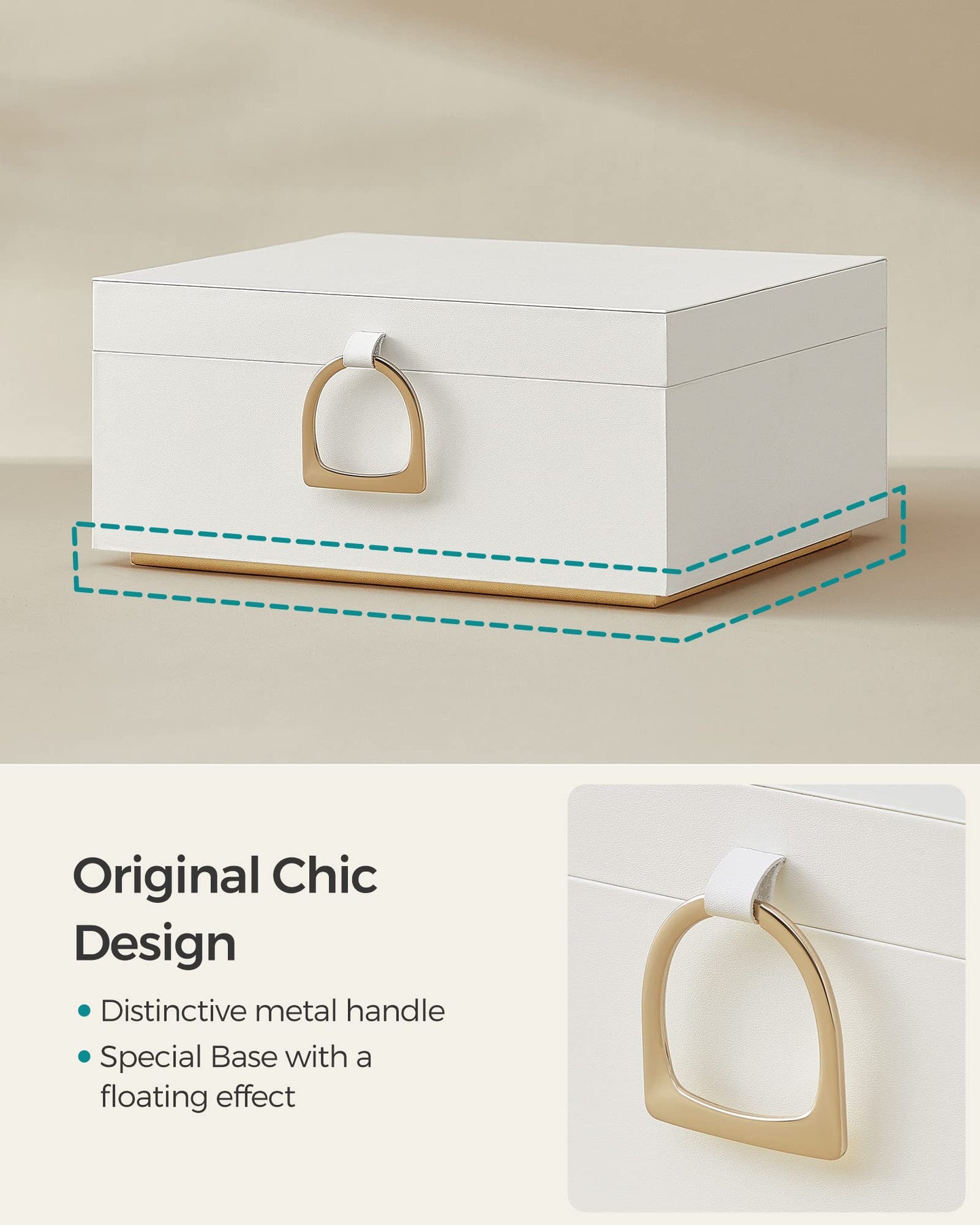 SONGMICS 2-Layer Jewellery Box, Jewellery Organiser with Handle, Removable Jewellery Tray, Jewellery Storage, Floating Effect, 20.5 x 24 x 11 cm, Gift Idea, White JBC165W01