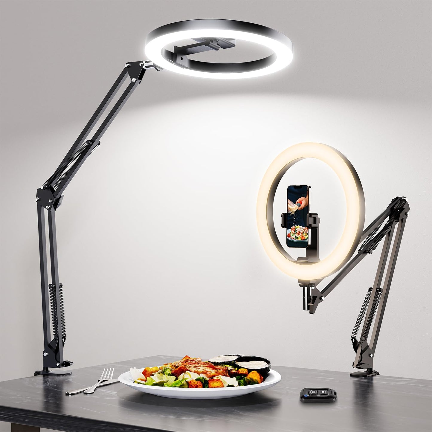 LUXSURE Ring Light with Stand for Desk, Overhead Phone Mount with 10" Ring Light Tripod for iPhone, CRI＞95, Phone Tripod with Light for Video Recording, Cooking, YouTube, Content Creation